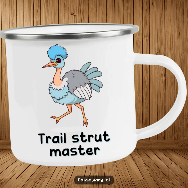 Funny camping mug showing a kawaii cassowary strutting proudly, chest puffed out, perfect for enjoying beverages outdoors with confidence.