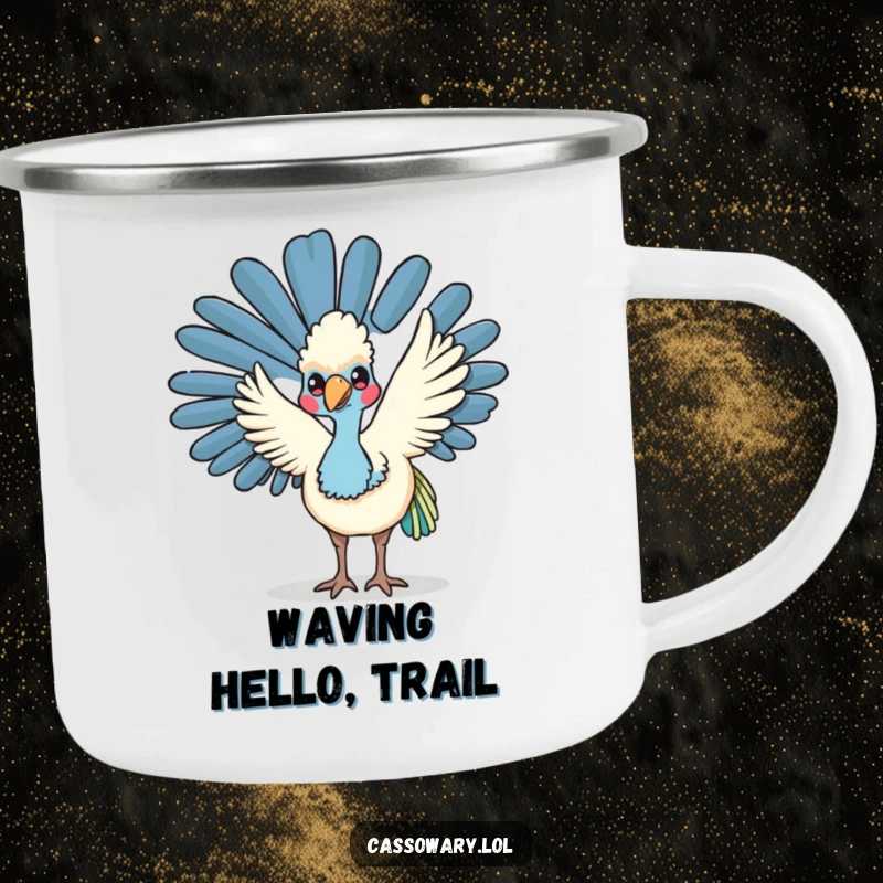 Funny kawaii cassowary camping mug with a friendly bird waving its wing, great for enjoying drinks outdoors with a warm greeting.