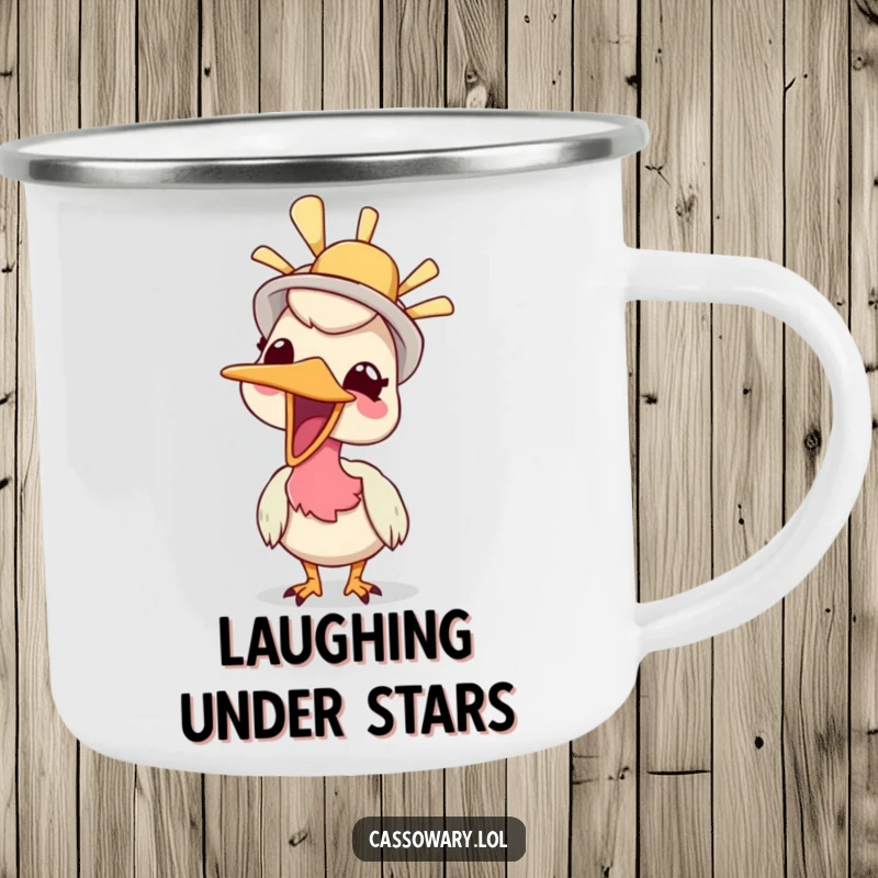 Funny camping mug featuring a cassowary giggling while wearing a silly hat, ideal for outdoor fun and humorous sipping.
