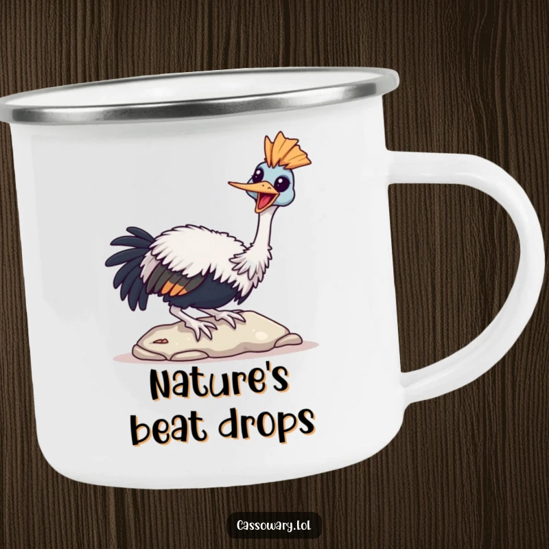 Funny Cassowary Camping Mug with a bird joyfully tapping its beak on a stone, ready for happy times.