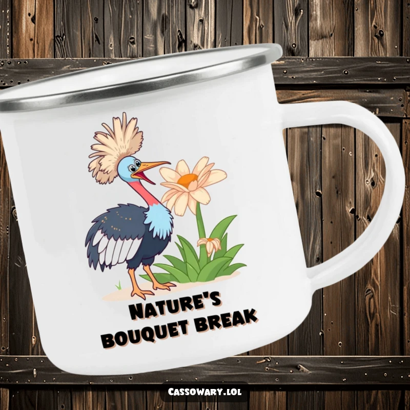 Funny cassowary bird looking enthusiastically at a giant flower on a humorous camping mug.