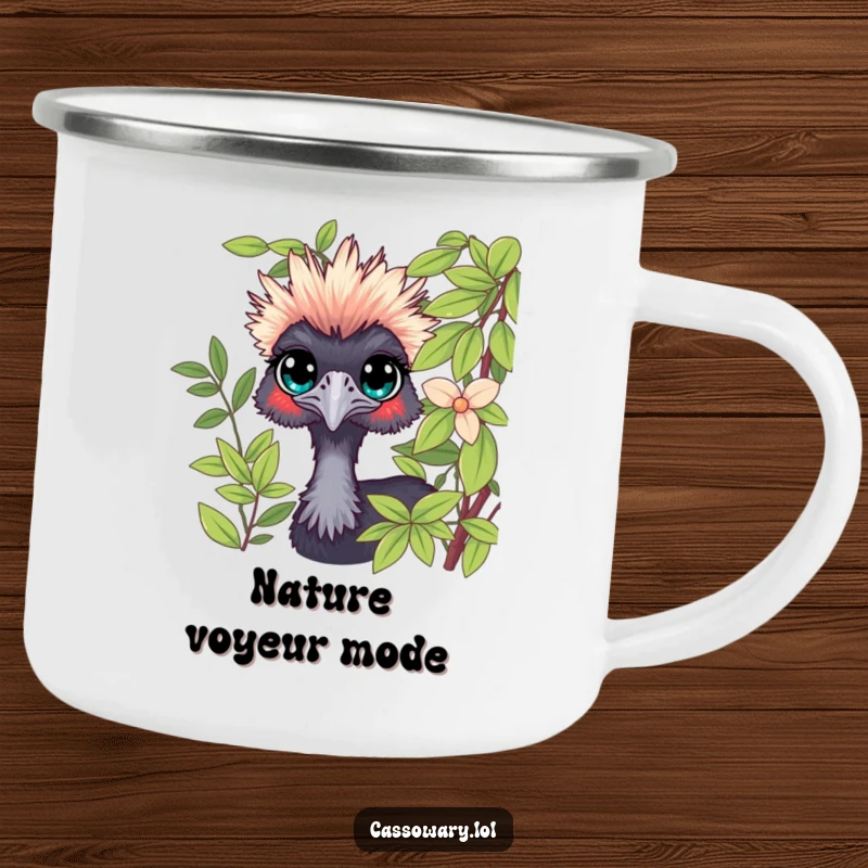 Funny Cassowary Peeking Camping Mug: A curious cassowary peeking from foliage, ready for outdoor viewing. Funny gift.