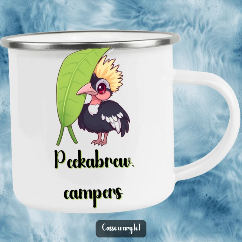Funny cassowary camping mug, a curious bird peeking from behind a leaf, designed for outdoor adventures and a humorous experience.