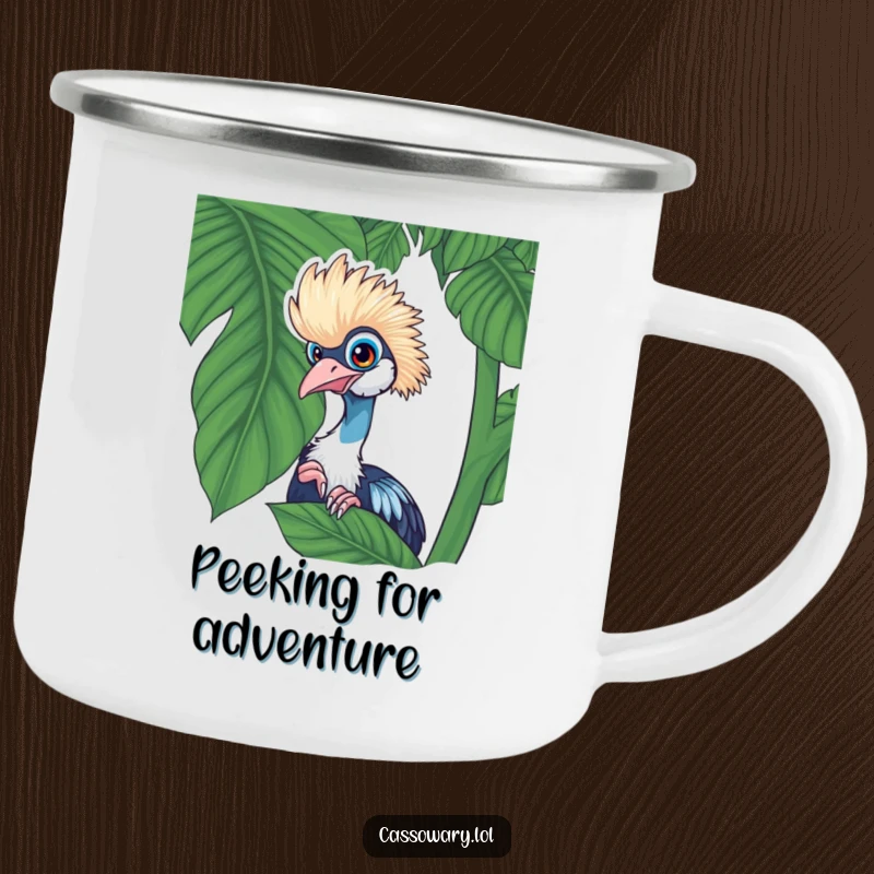 Funny cassowary camping mug featuring a playful cassowary peeking from behind a lush tropical leaf, perfect for outdoor trips.