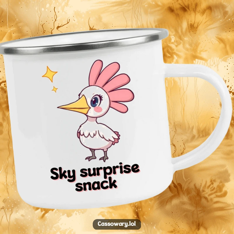 Funny camping mug showcasing a surprised cassowary reacting to a bright falling star, perfect for outdoor enthusiasts who love a laugh.