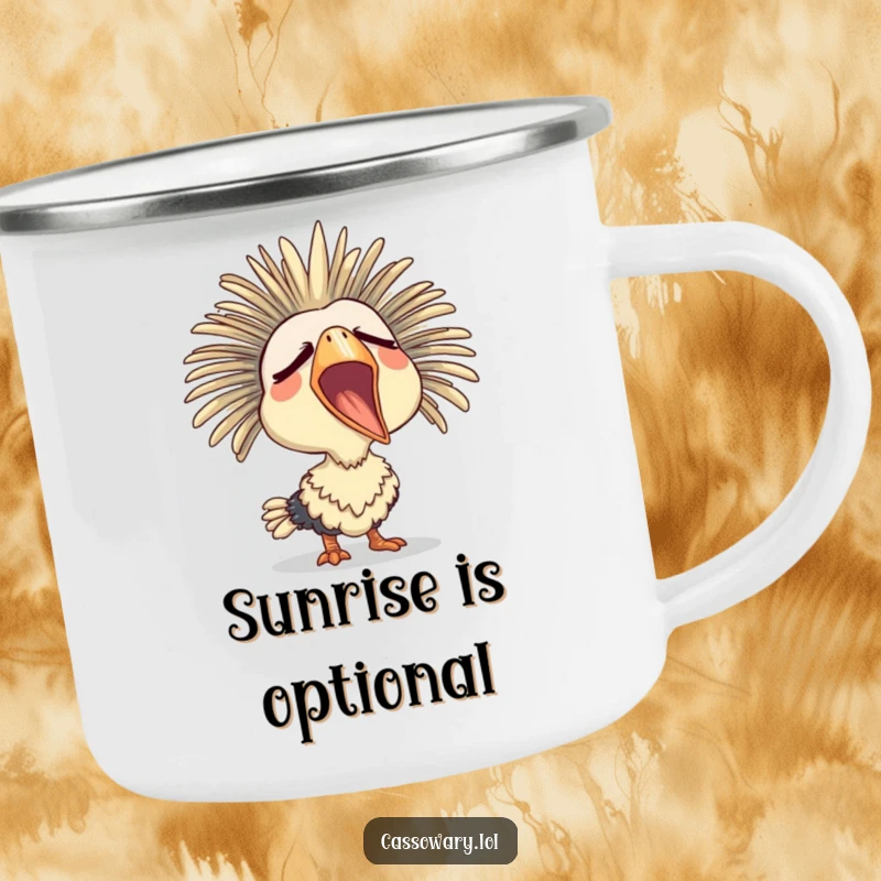 Funny camping mug featuring a cassowary yawning widely with a sleepy expression, ideal for relaxing outdoor moments.