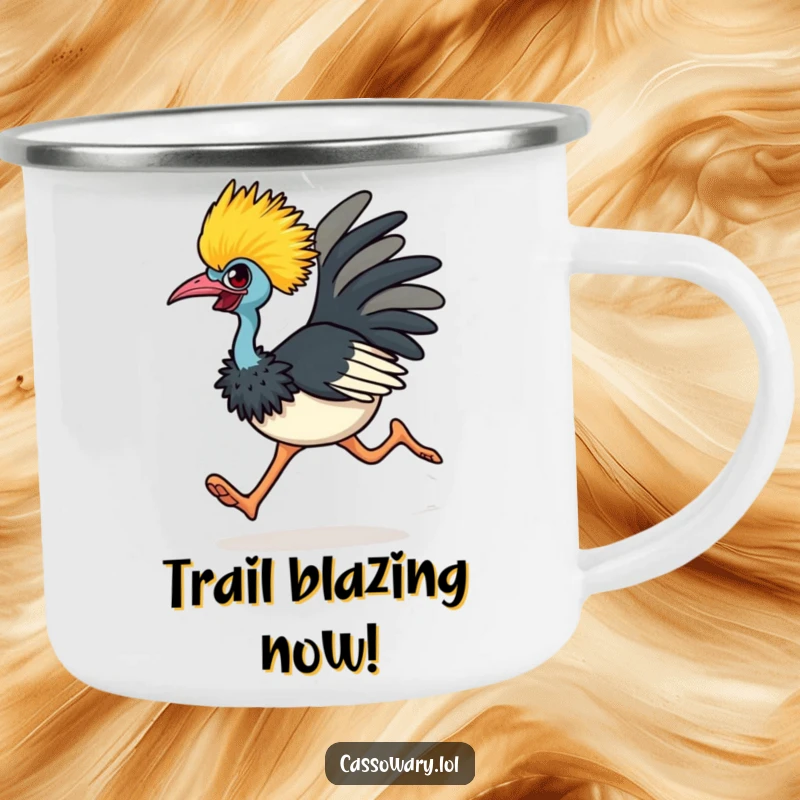 Funny cassowary camping mug showing a determined bird running with great energy, ideal for outdoor enthusiasts seeking a laugh.