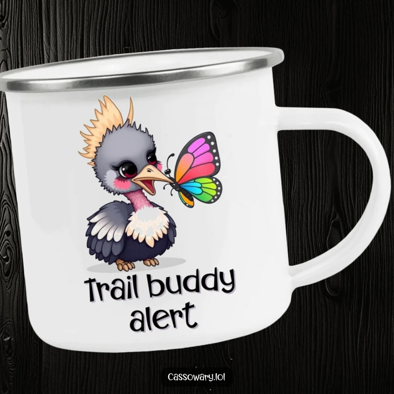 Funny camping mug showing a cassowary gently nudging a colorful butterfly with its beak, perfect for outdoor adventures.