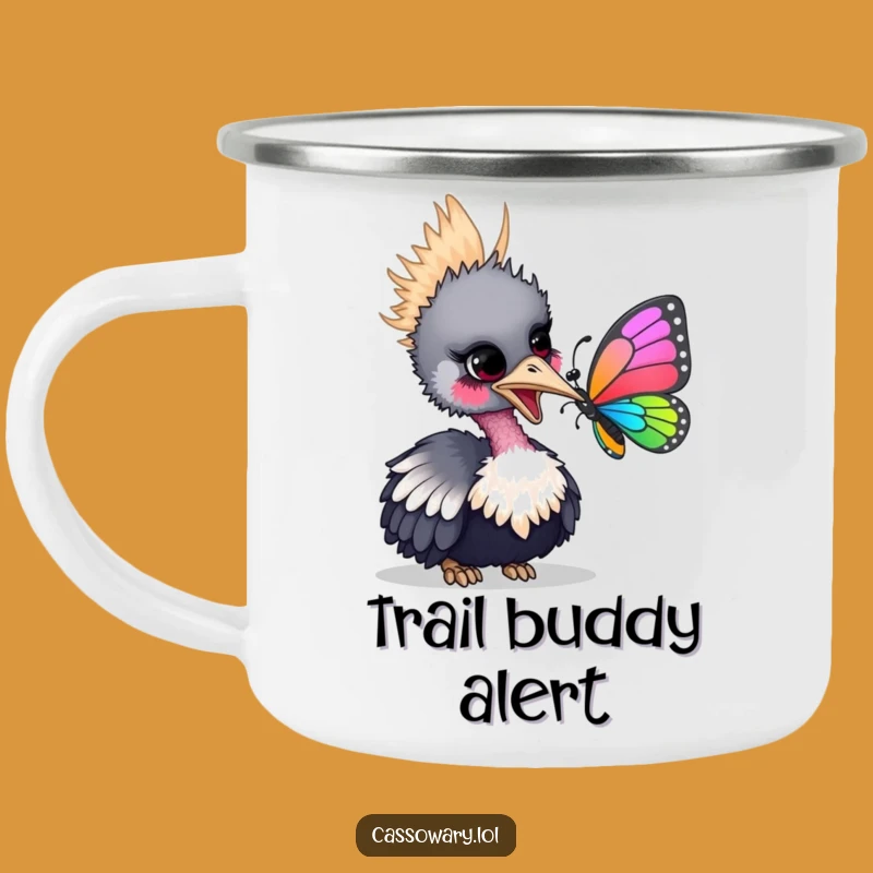 Funny Cassowary Butterfly Camping Mug - Bird's Gentle Nudge Adventure Cup