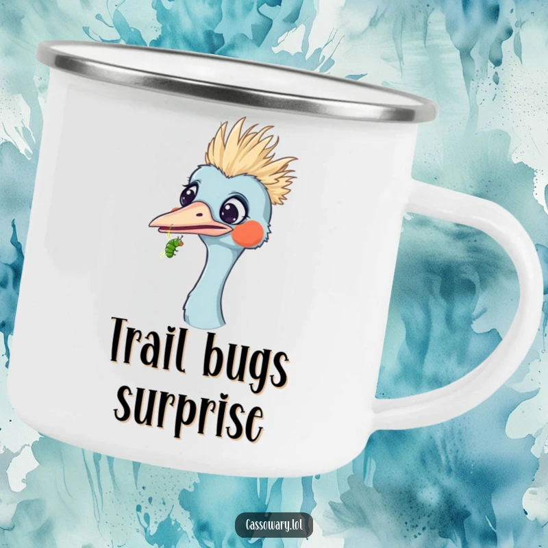 Funny camping mug featuring a cassowary looking surprised as a tiny caterpillar crawls on its beak, ideal for warm drinks and outdoor surprises.