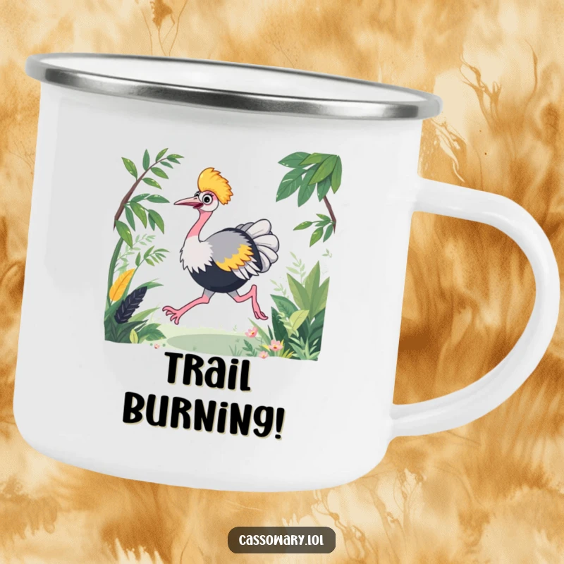 Funny cassowary camping mug featuring an energetic bird joyfully racing through lush foliage, durable for adventures.