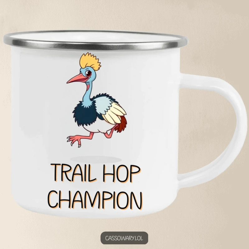 Funny cassowary camping mug featuring a cassowary doing a comical little hop with its large feet, perfect for outdoor trips.