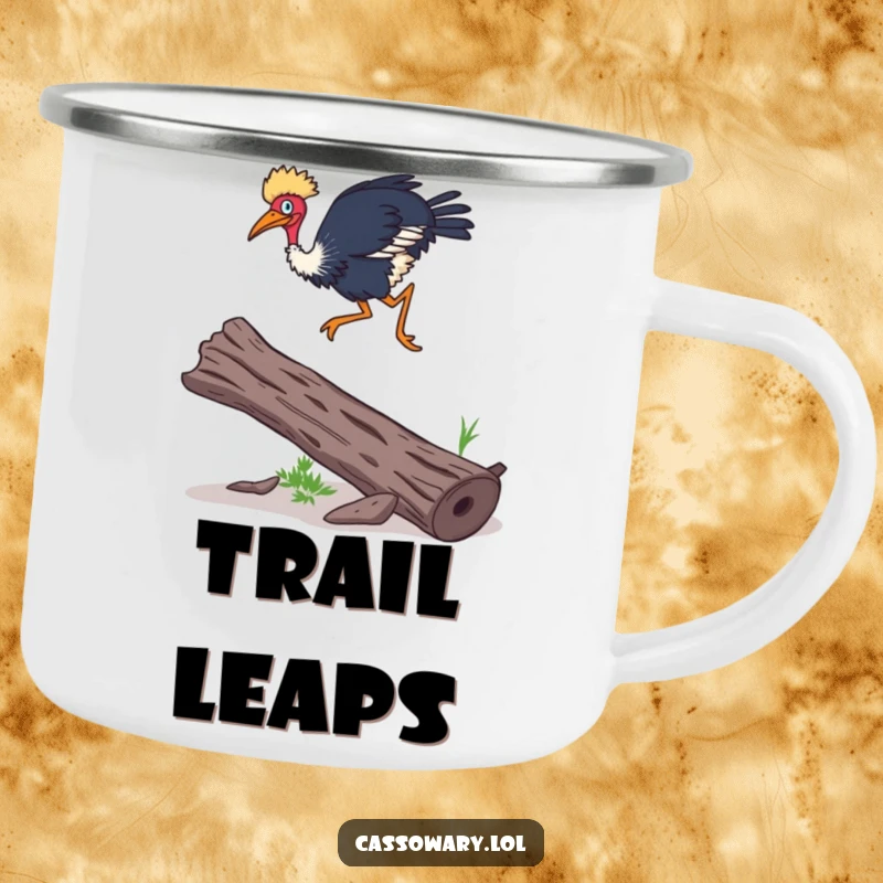 Funny Cassowary camping mug showing a cassowary leaping over a log with surprising agility, perfect for outdoor use with a humorous design.