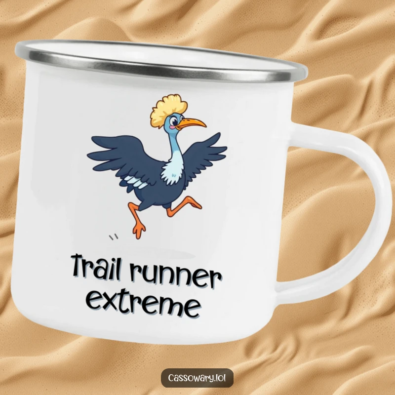 Funny Cassowary Camping Mug: A cassowary in a quick dash with powerful legs, ideal outdoor fun. Gift idea.