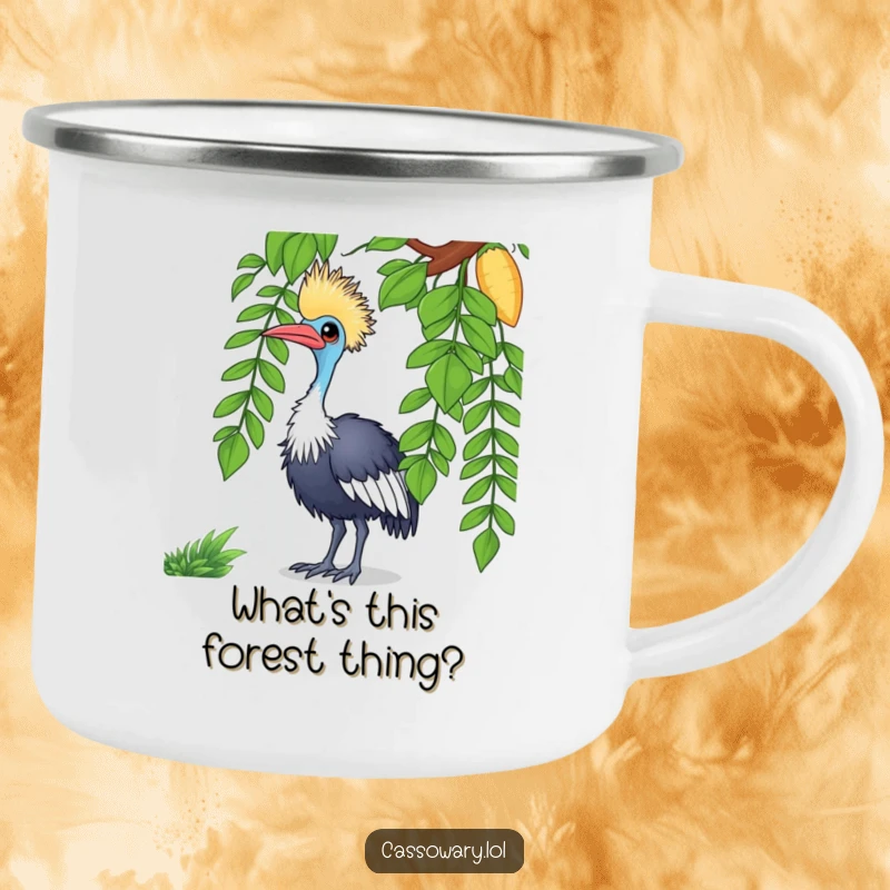 Funny cassowary camping mug featuring a curious bird tilting its head at a vine, durable for outdoor use.