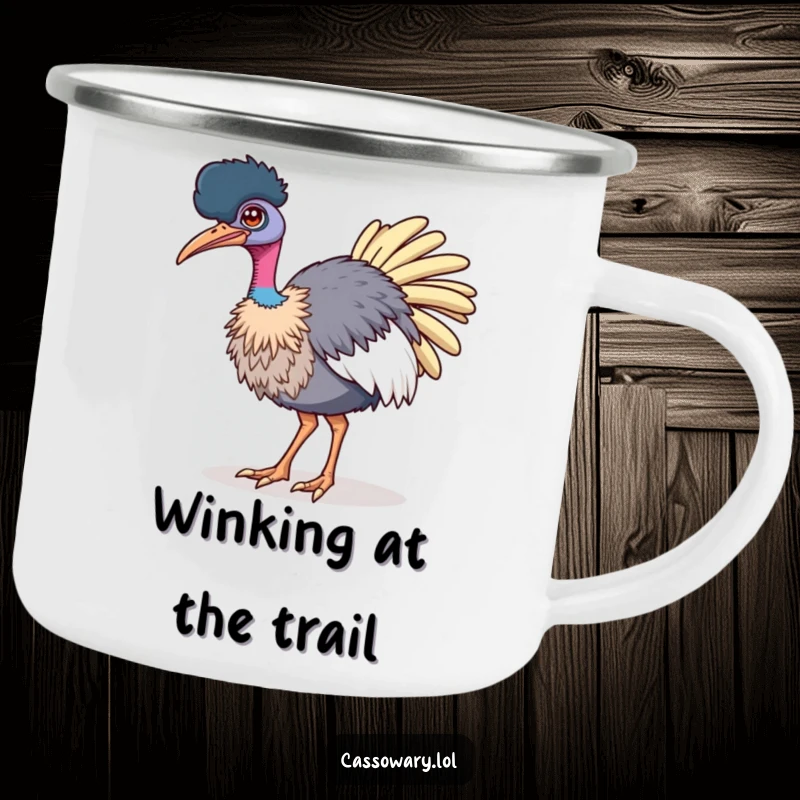 Funny camping mug featuring a cassowary winking confidently while strutting, ideal for outdoor adventures with bold humor.