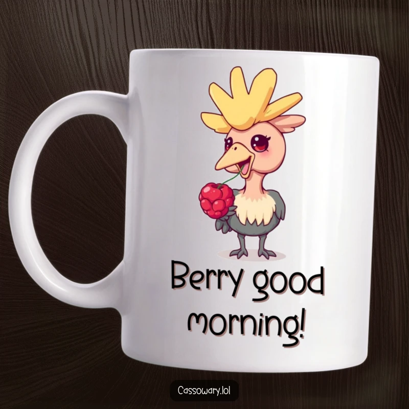 Funny cassowary mug, a cassowary bird looks extremely happy while eating a juicy red berry, conveying pure delight and humor.