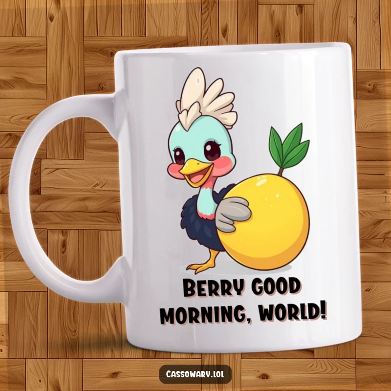 Funny Fruit-Nudging Cassowary Mug: A smiling cassowary playfully pushing a huge fruit, radiating pure joy and happiness. A perfect funny gift.