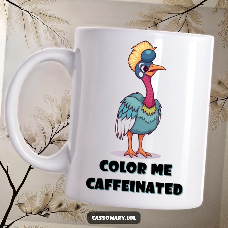 Funny cassowary mug showing a bird tilting its body to showcase its spectacular, vibrant plumage in a humorous display.
