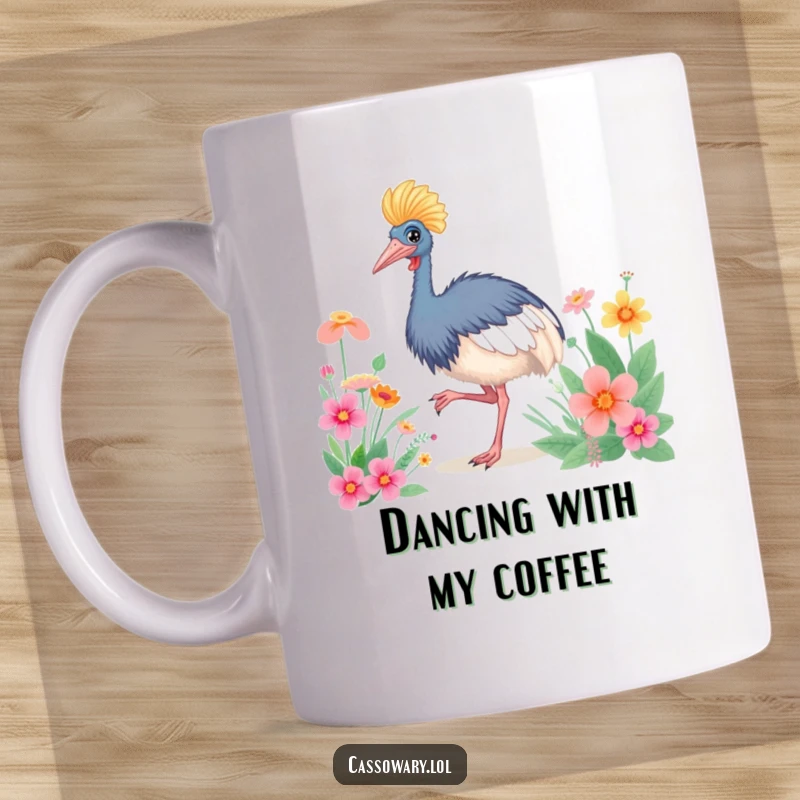 Funny Cassowary Happy Dance Mug: A cassowary joyfully dancing near vibrant flowers, radiating happiness. Humorous gift.