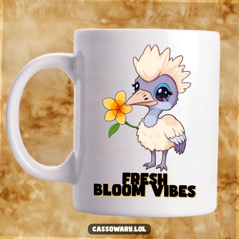 Funny mug showing a curious cassowary with a flower behind its ear, looking thoughtful and slightly bewildered.