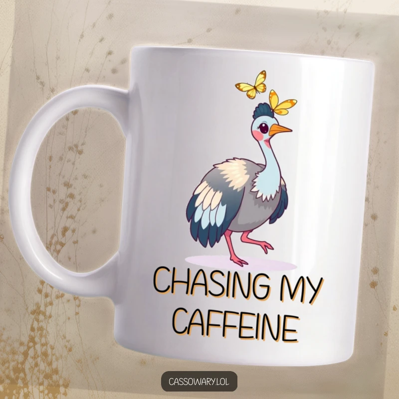 Funny Cassowary Butterfly Chase Mug: A cassowary playfully chasing a fluttering butterfly, full of energy. Humorous gift.