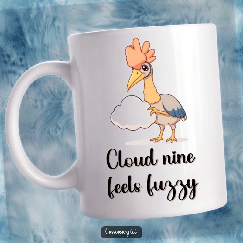 Funny mug depicting a cassowary tenderly extending a claw to touch a soft, billowy cloud, a moment of gentle whimsy.