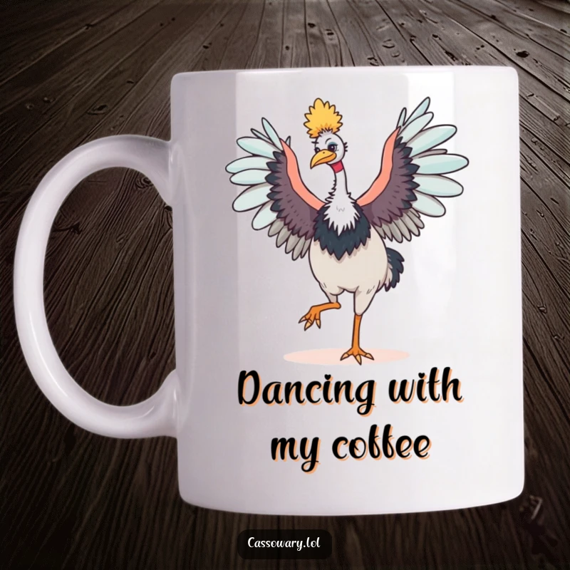 Funny cassowary mug depicting a happy bird joyfully dancing with its wings outstretched, radiating pure excitement and free spirit.