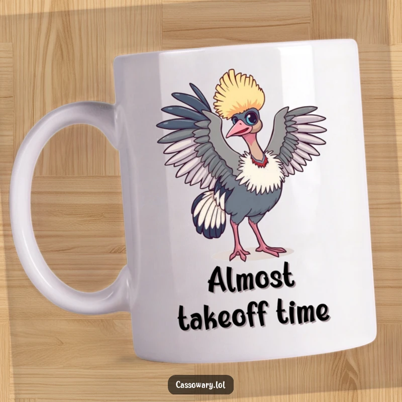 Funny cassowary mug featuring a bird with wings slightly raised, poised as if ready for flight, conveying hopeful humor.