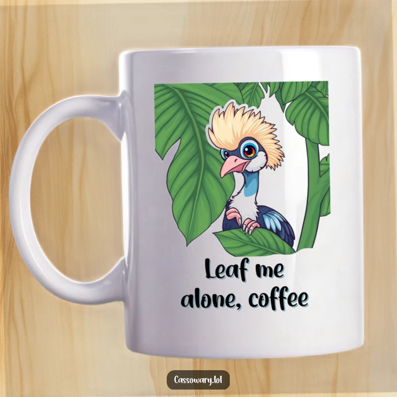 Funny cassowary mug artfully showing a cassowary playfully peeking from behind a lush green tropical leaf, looking curious.