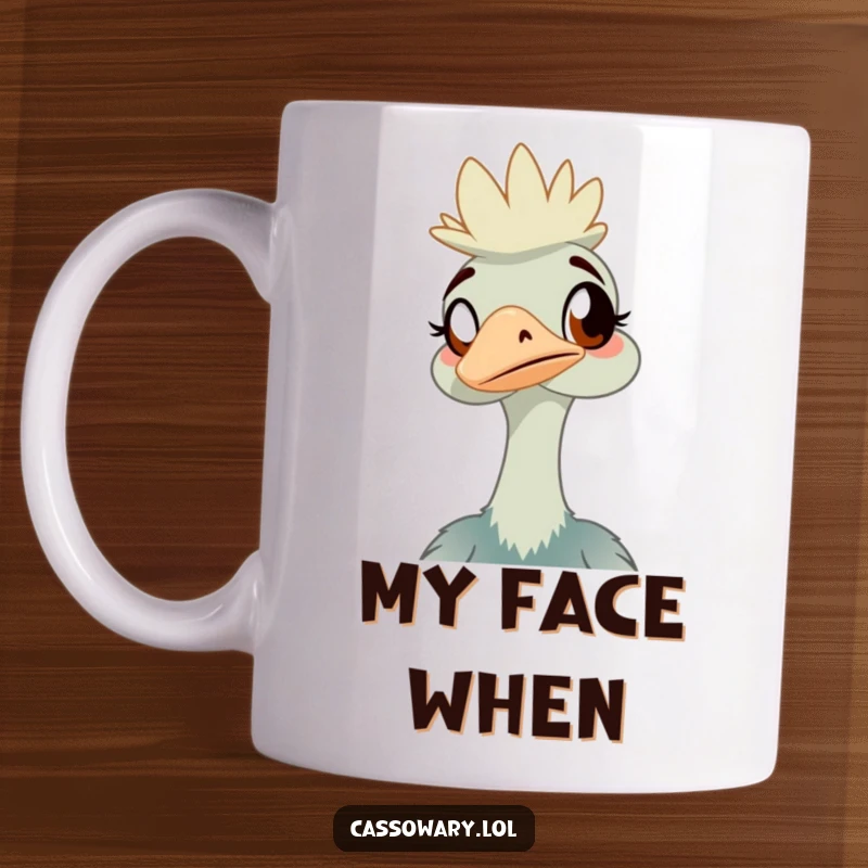 Funny cassowary mug featuring a bird with an amused expression, looking off-frame with curiosity, perfect for nature lovers.