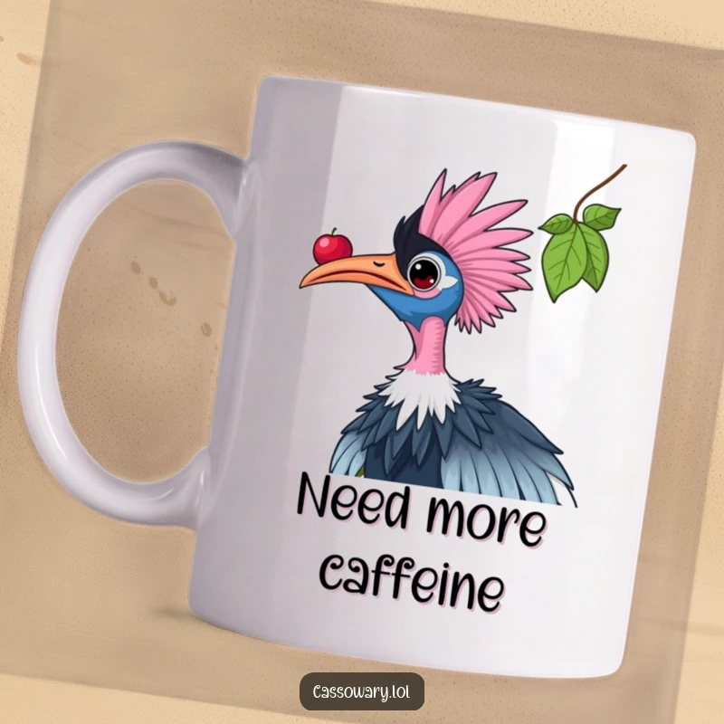 Funny cassowary mug showing a bird stretching its long neck to reach a high berry, a humorous depiction of determination.