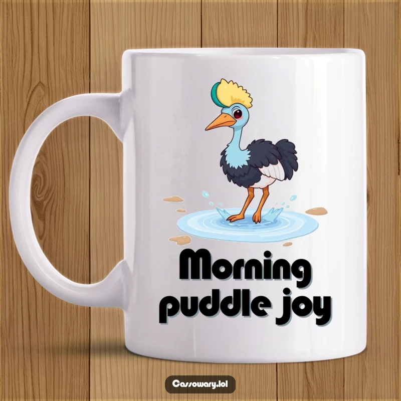 Funny cassowary mug with a bird playfully splashing in a small puddle with a happy splash, pure joy.