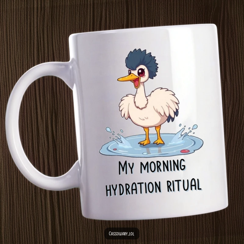 Funny cassowary mug depicting a joyous bird happily splashing water in a puddle, full of playful energy and delight.