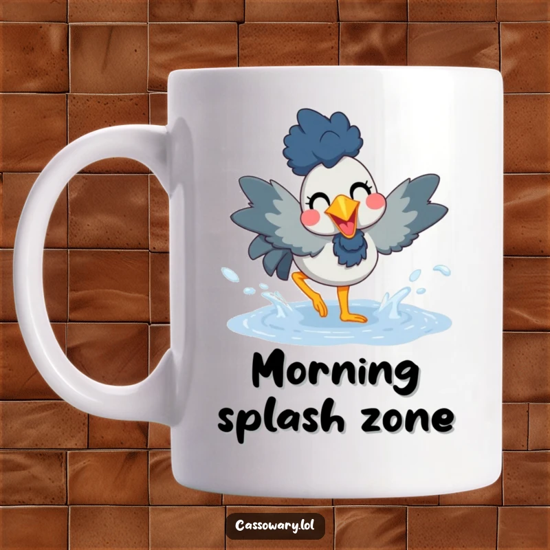 Funny mug featuring a cassowary gleefully splashing water in a puddle, conveying pure joy and playful energy.