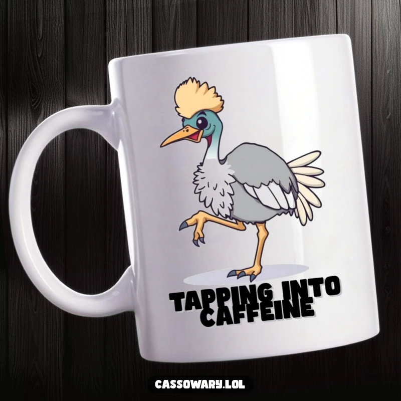 Funny cassowary mug, an energetic cassowary bird is shown enthusiastically tapping its foot on the ground, full of playful rhythm.