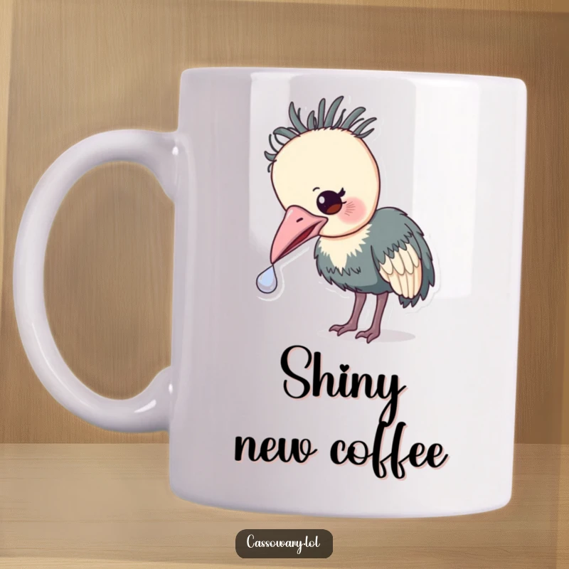 Funny Cassowary Treasure Mug: A cassowary gently nudges a small, shiny object with its beak, showcasing funny curiosity.