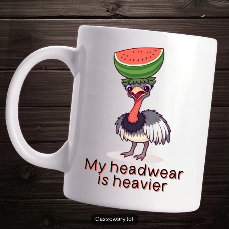 Funny mug showcasing a cassowary comically trying to balance a big watermelon on its head, looking determined and silly.