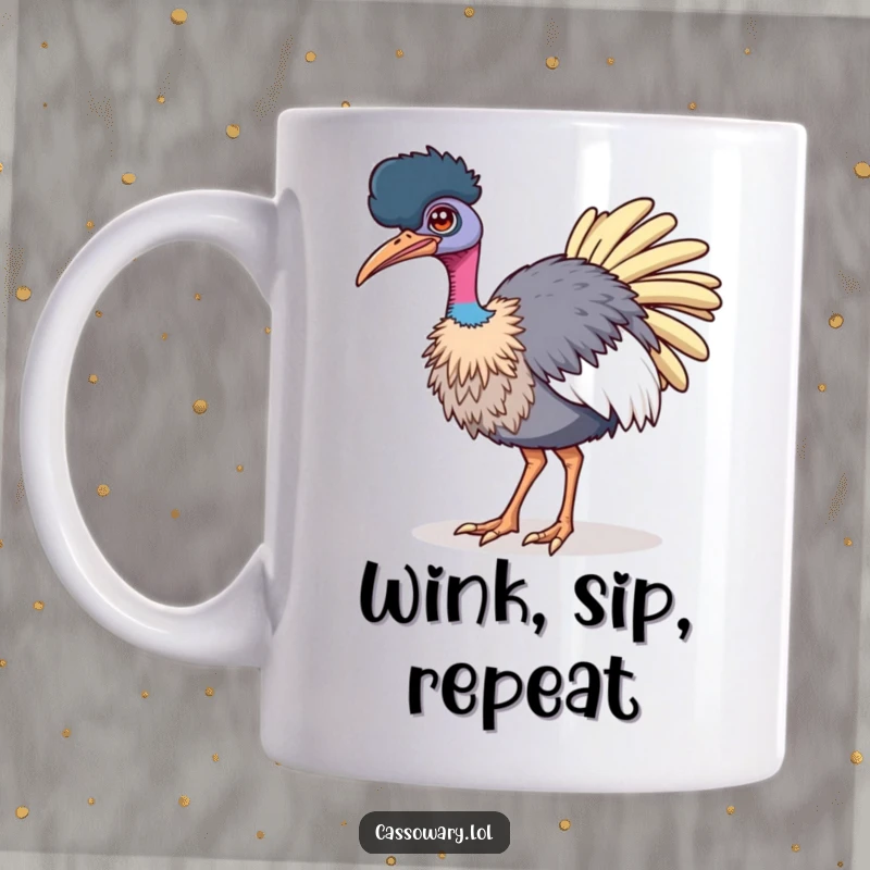 Funny mug with a cassowary winking confidently while strutting, showcasing a bold and stylish avian attitude.