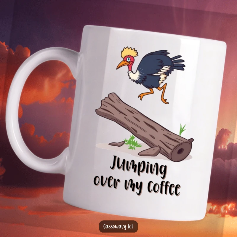 Funny Cassowary mug depicting a cassowary leaping over a fallen log with surprising agility, showcasing a humorous and dynamic action.