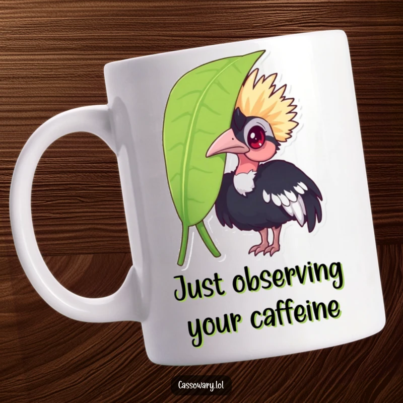 Funny cassowary mug, a curious bird peeking from behind a large green leaf, showcasing a humorous and inquisitive personality.
