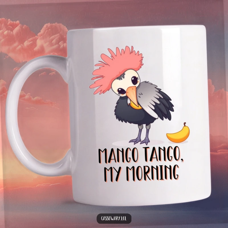Funny mug with a cassowary playfully nudging a fallen mango with its beak, showcasing a comical moment of birdy mischief.