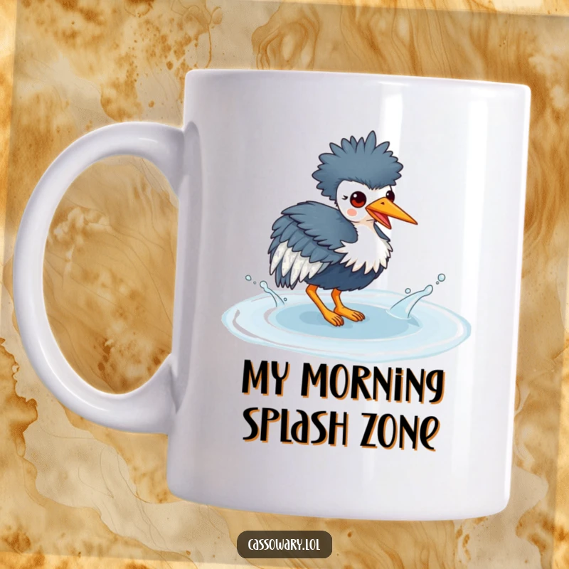 Funny mug with a kawaii cassowary joyfully splashing water in a puddle, showcasing pure playful abandon and whimsical charm.