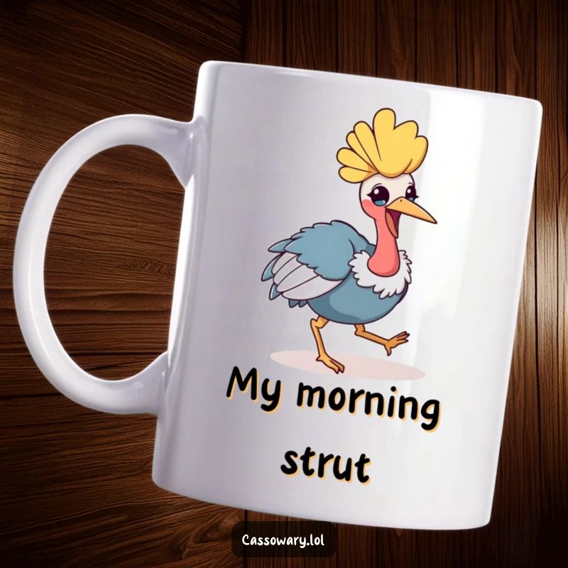 Funny kawaii cassowary mug featuring a cheerful bird taking a playful hop, showcasing its happy and energetic personality.