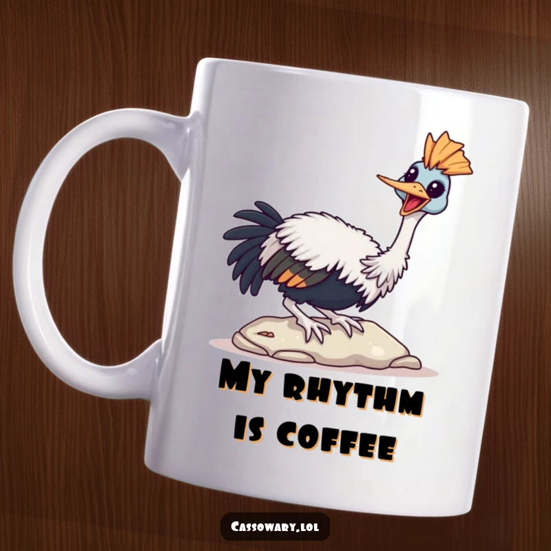 Funny Cassowary Mug depicting a bird joyfully tapping its beak on a stone, radiating simple happiness.