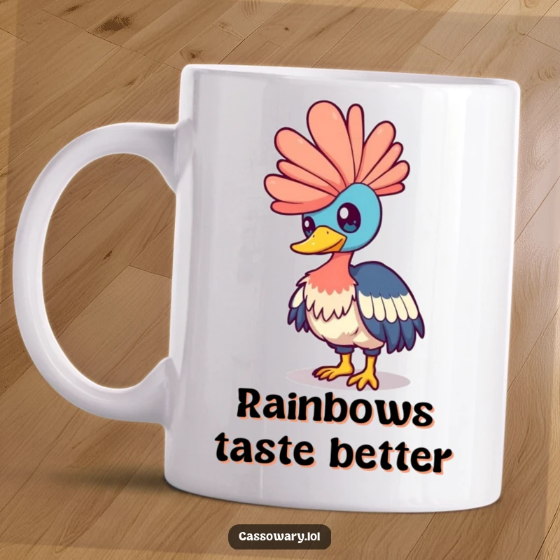 Funny cassowary mug depicting a bird playfully nudging a shimmering rainbow with its head, evoking wonder and amusement.