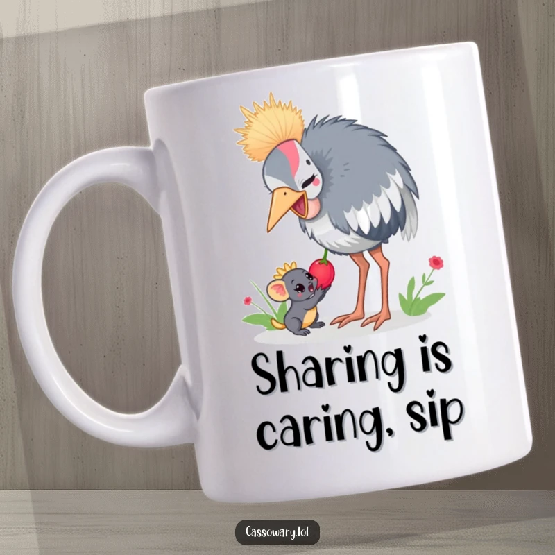 Funny cassowary mug depicting a cassowary sharing a juicy berry with a small, grateful jungle creature, showing kindness.