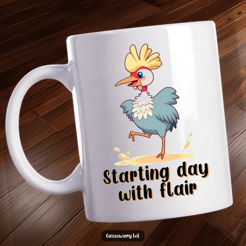 Funny cassowary mug, a bird joyfully leaping and kicking up dust, conveying energy and a humorous, unrestrained spirit.
