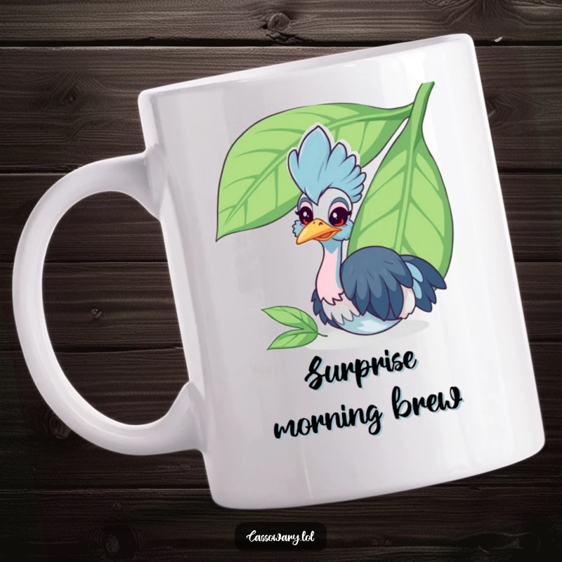 Funny cassowary mug showing a cheerful bird playfully peeking from behind a large green leaf, full of curiosity and cuteness.