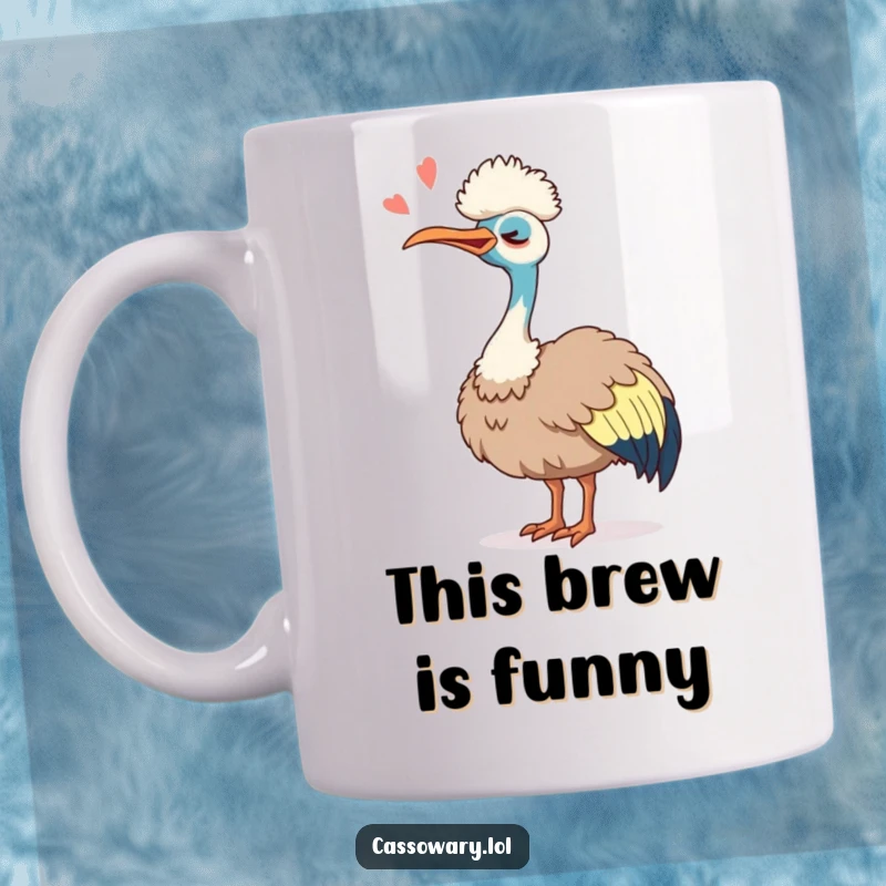 Funny Cassowary Laugh Mug: A cassowary tipping its head back, eyes closed in silent, joyful laughter, looking incredibly funny.